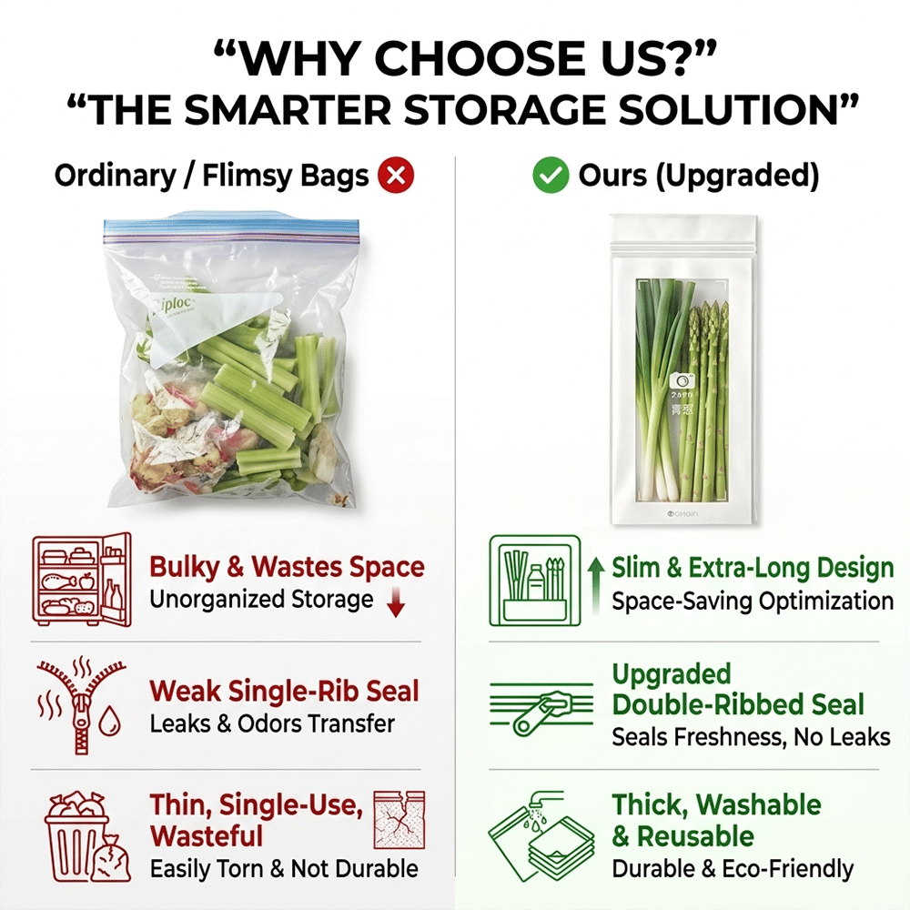🔥 49% OFF Limited Offer – 🥬 50/100PCS Reusable Long Food Storage Bags, Double-Zip Seal Freshness Bags for Kitchen