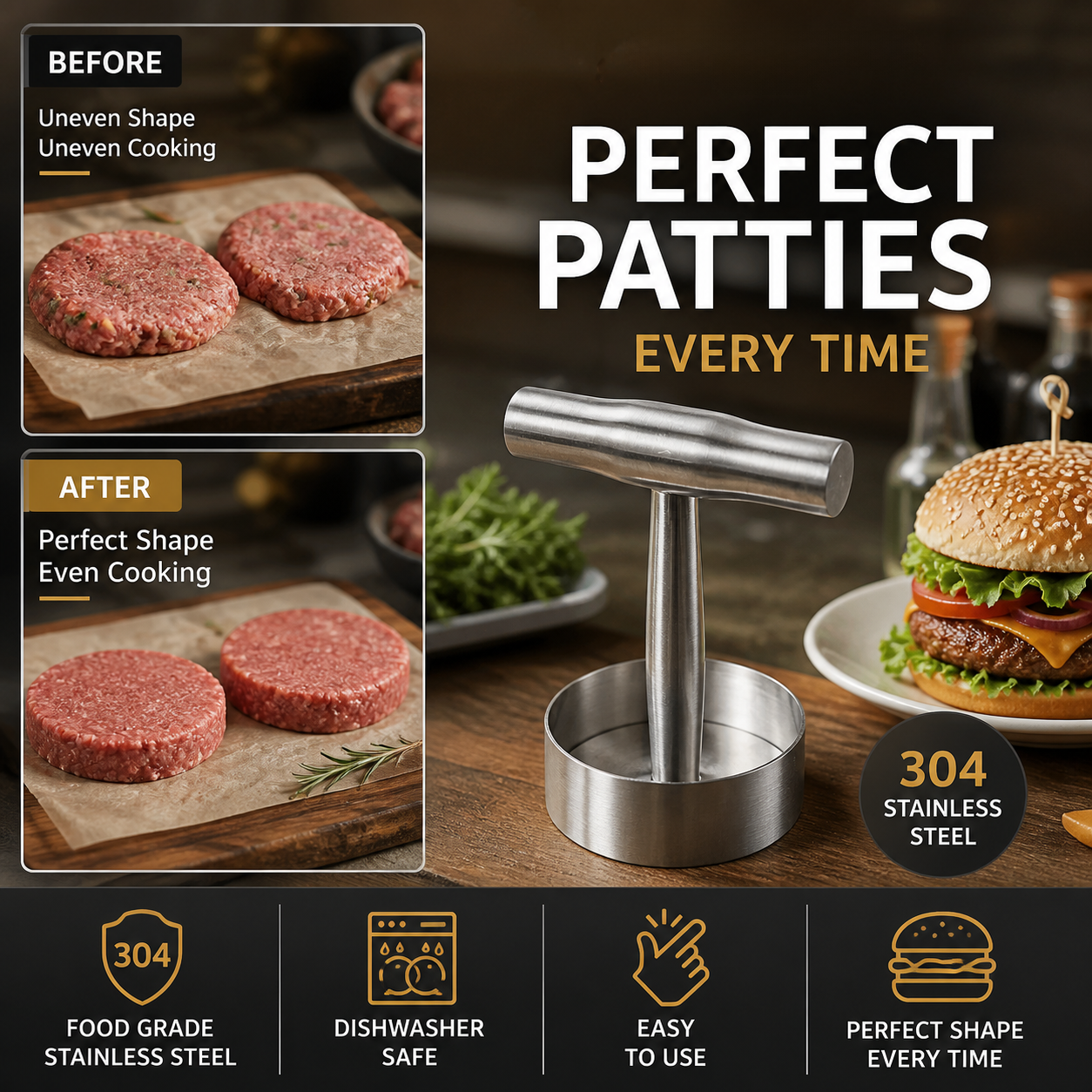 🔥50% OFF!🥩Steak Press Round Patty Mold | Food‑Grade 304 Stainless Steel Burger Patty Maker